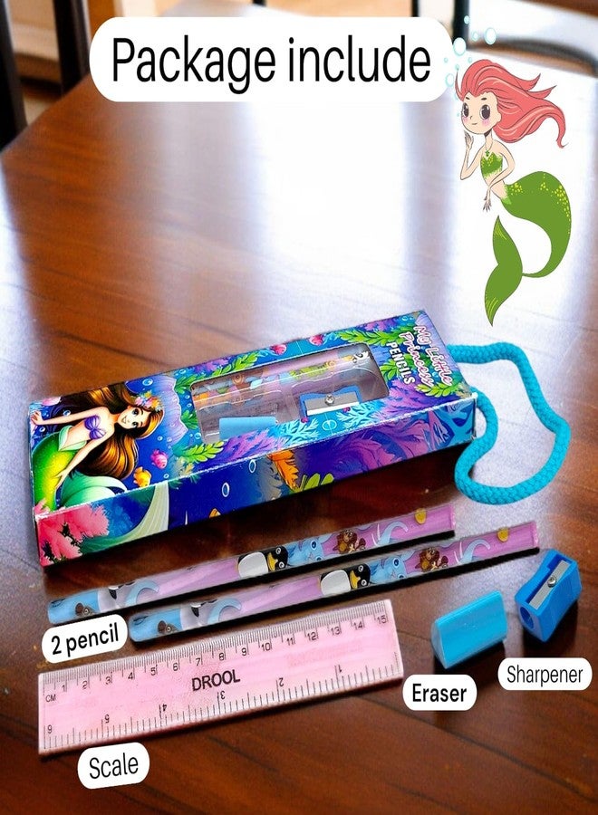 TERA13 Cute Mermaid Stationery Set for Girls | School Supplies Gift Set for Kids | Cartoon Printed Pencils, Eraser, Sharpener, Scale | Birthday Return Gift for Boys & Girls (10 Pcs) - Image 2